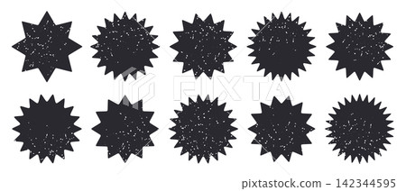 Black starbursts. Abstract sharp spiky star shapes in varied forms flat vector illustration set. Geometric celestial graphic elements isolated on white background Black starbursts. Abstract sharp spiky star shapes in varied forms flat vector illustration set. Geometric celestial graphic elements isolated on white background 142344595