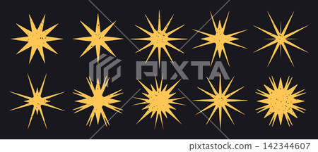 Golden starbursts. Abstract sharp yellow star shapes in different radiant forms flat vector illustration set. Bright celestial elements isolated on dark background 142344607