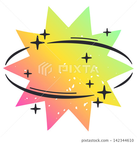 Rainbow cosmic star. Multicolor spiky star with orbital rings and glowing accents flat vector illustration. Bright celestial graphic isolated on white background Rainbow cosmic star. Multicolor spiky star with orbital rings and glowing accents flat vector illustration. Bright celestial graphic isolated on white background 142344610