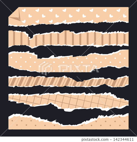 Ripped paper texture. Torn beige paper strips with varied rough edges and patterns flat vector illustration set. Scrapbook background elements isolated on dark background Ripped paper texture. Torn beige paper strips with varied rough edges and patterns flat vector illustration set. Scrapbook background elements isolated on dark background 142344611
