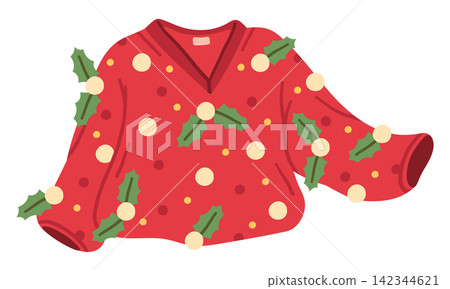 Christmas sweater. Red knitted pullover decorated with holly leaves and berries flat vector illustration. Festive winter clothing design on white 142344621