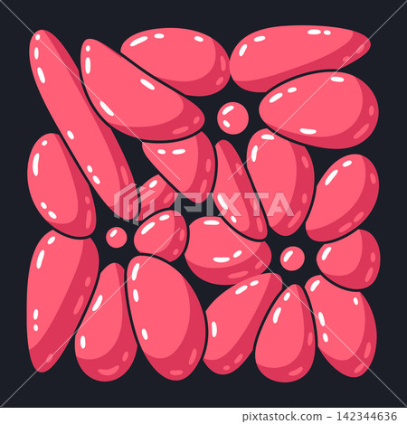 Puffy flowers. Rounded glossy abstract floral forms arranged as dense decorative composition flat vector illustration. Abstract modern botanical background 142344636