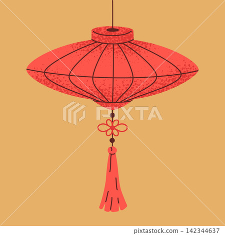 Red Chinese lantern. Traditional hanging paper lantern with tassel and decorative line details flat vector illustration. Asian festival decoration for seasonal design 142344637