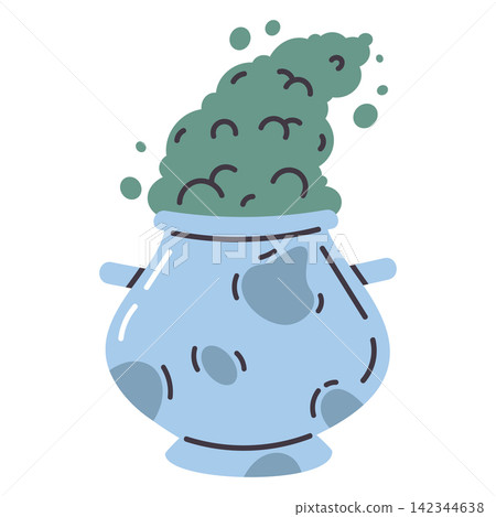 Smoking magic cauldron. Halloween witch cauldron filled with curling green potion in cartoon style flat vector illustration. Halloween fantasy design Smoking magic cauldron. Halloween witch cauldron filled with curling green potion in cartoon style flat vector illustration. Halloween fantasy design 142344638