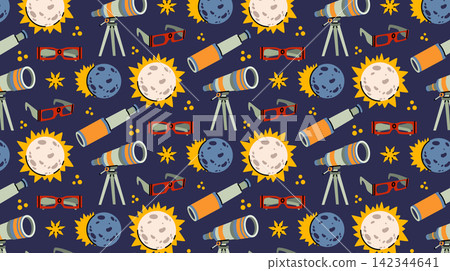 Vector cartoon seamless pattern with colorful telescopes, sun, moons and solar eclipse, stars, comets, observation glasses, cosmic objects and astronomy elements. Cute template for design and printing Vector cartoon seamless pattern with colorful telescopes, sun, moons and solar eclipse, stars, comets, observation glasses, cosmic objects and astronomy elements. Cute template for design and printing 142344641