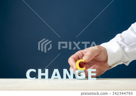 Change management and business transformation concept with hand changing a letter Change management and business transformation concept with hand changing a letter 142344793