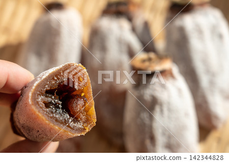 A dried persimmon (koro-gaki) covered in white powder, placed on a sieve, and another dried persimmon cut in half. (Persimmon frost, December) A dried persimmon (koro-gaki) covered in white powder, placed on a sieve, and another dried persimmon cut in half. (Persimmon frost, December) 142344828