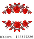 Frame, a wreath of red, scarlet roses with space for inscription. Watercolor, pastel. Isolated composition. Hand drawn in a flat style. Design element 142345226