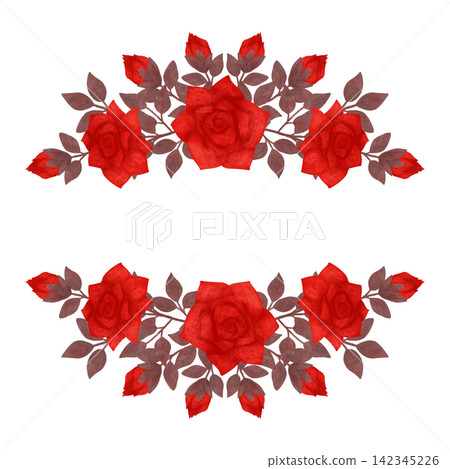 Frame, a wreath of red, scarlet roses with space for inscription. Watercolor, pastel. Isolated composition. Hand drawn in a flat style. Design element 142345226