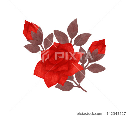 A small floral arrangement. Red, scarlet roses, watercolor, pastel. Isolated composition. Hand drawn in a flat style. A design element for printing A small floral arrangement. Red, scarlet roses, watercolor, pastel. Isolated composition. Hand drawn in a flat style. A design element for printing 142345227
