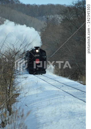 SL 冬季沼澤列車沿著白雪皚皚的森莫主線行駛。 SL 冬季沼澤列車沿著白雪皚皚的森莫主線行駛。 142345303