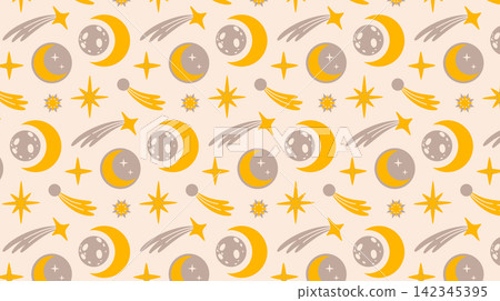 Vector seamless pattern with Moon, eclipse, shooting and sparkling stars, constellation, comets, star trails in cartoon hand drawn style. Template in a charming outer space for design and printing. Vector seamless pattern with Moon, eclipse, shooting and sparkling stars, constellation, comets, star trails in cartoon hand drawn style. Template in a charming outer space for design and printing. 142345395