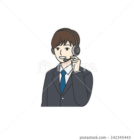 Men's gray suit, intercom headset, call center, business. Men's gray suit, intercom headset, call center, business. 142345443