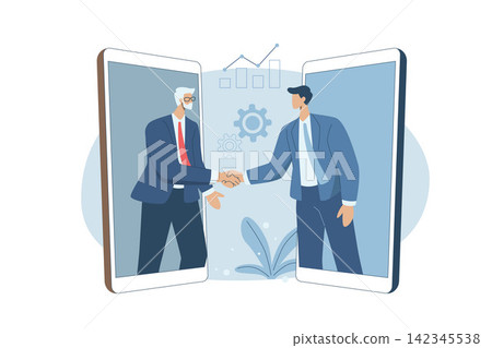 Virtual communication, Video conference communication, Businessmen handshake online, Remote work deals concept, Business discussion, Long distance conversation. Vector design illustration. Virtual communication, Video conference communication, Businessmen handshake online, Remote work deals concept, Business discussion, Long distance conversation. Vector design illustration. 142345538