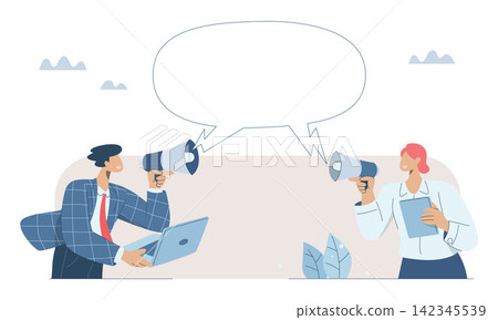 Important notice announcement, Promote products, Marketing communication concept, With large speech bubbles, Male and female staff hold loudspeakers in their hands to announce company news. Important notice announcement, Promote products, Marketing communication concept, With large speech bubbles, Male and female staff hold loudspeakers in their hands to announce company news. 142345539