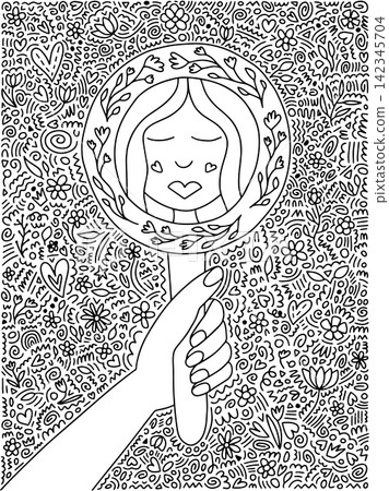 Happy woman looking in mirror coloring page Happy woman looking in mirror coloring page 142345704