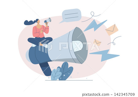 Businesswoman sitting with megaphone, Loudspeaker, Announcement or notification, Marketing communication concept, Promotion or important news announcement, Isolated flat vector design illustration. Businesswoman sitting with megaphone, Loudspeaker, Announcement or notification, Marketing communication concept, Promotion or important news announcement, Isolated flat vector design illustration. 142345709