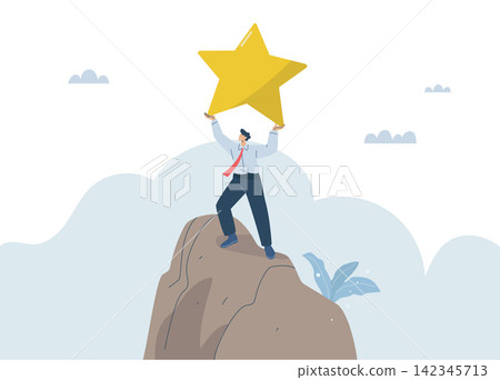 Businessman climbs to the top of the mountain and reaches for the stars, Concept of managing success according to goals, Setting career or organizational goals, Business performance and ambition. Businessman climbs to the top of the mountain and reaches for the stars, Concept of managing success according to goals, Setting career or organizational goals, Business performance and ambition. 142345713