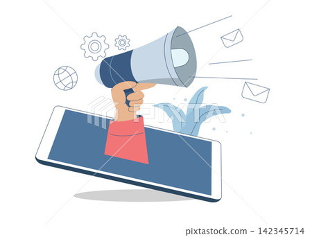 Human hand holding a megaphone protruding from smartphone, Online announcement or notification, Online marketing communication concepts, Promotion or announcement of important news. Vector design. Human hand holding a megaphone protruding from smartphone, Online announcement or notification, Online marketing communication concepts, Promotion or announcement of important news. Vector design. 142345714