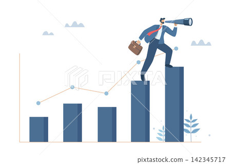 Businessman holding briefcase and using binoculars while climbing growth graph to see future business strategy, Using business vision to forecast, Challenges to develop and achieve success, Vector. Businessman holding briefcase and using binoculars while climbing growth graph to see future business strategy, Using business vision to forecast, Challenges to develop and achieve success, Vector. 142345717
