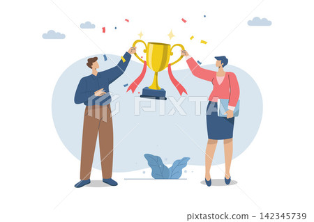 Business team holding trophies stand on podium, Winning business awards, Successful team concepts, Successfully achieve reward, Business performance and ambition, Development has achieved success. Business team holding trophies stand on podium, Winning business awards, Successful team concepts, Successfully achieve reward, Business performance and ambition, Development has achieved success. 142345739