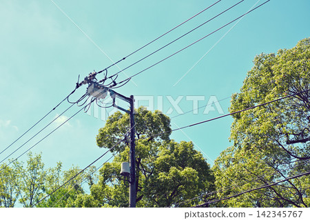Refreshing blue sky and power lines Refreshing blue sky and power lines 142345767