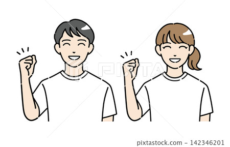 A set of illustrations of young men and women in casual clothes, smiling and making victory poses. 142346201