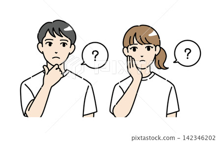 A set of illustrations of young men and women in casual clothes who seem to have questions. A set of illustrations of young men and women in casual clothes who seem to have questions. 142346202