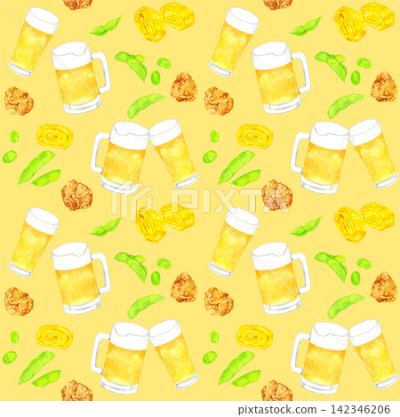 啤酒和小吃無縫圖案 - 手繪水彩插畫背景素材 142346206
