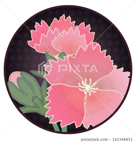 Illustration of a salmon pink dianthus with a circular background. Illustration of a salmon pink dianthus with a circular background. 142346651