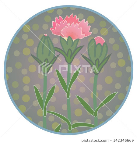 Illustration of a salmon pink dianthus with a circular background. Illustration of a salmon pink dianthus with a circular background. 142346669