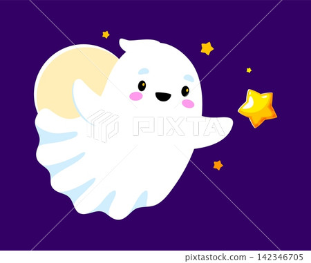 Funny Halloween kawaii ghost character floating in night sky with golden star and moon. Happy little flying ghost for kids party and decorations. Vector spooky personage for Halloween celebration Funny Halloween kawaii ghost character floating in night sky with golden star and moon. Happy little flying ghost for kids party and decorations. Vector spooky personage for Halloween celebration 142346705