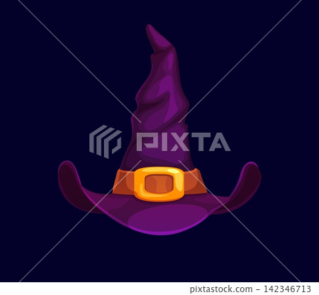 Halloween funny witch hat with golden buckle. Whimsical, purple cartoon witch hat with crumpled pointed top and ribbon band. Playful vector accessory for Halloween party graphics, costume design Halloween funny witch hat with golden buckle. Whimsical, purple cartoon witch hat with crumpled pointed top and ribbon band. Playful vector accessory for Halloween party graphics, costume design 142346713