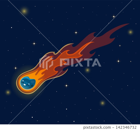 Vibrant flying comet illustration with textured icy blue asteroid with happy expression. Cartoon solar system asteroid with long flame tail for outer space nursery wall art and party invitations Vibrant flying comet illustration with textured icy blue asteroid with happy expression. Cartoon solar system asteroid with long flame tail for outer space nursery wall art and party invitations 142346732