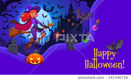 Paper cut Happy Halloween greeting card with funny witch on broom. Vibrant purple vector card featuring dark castle, bats, tombstones, pumpkins, magical potion bottles for festive party invitation Paper cut Happy Halloween greeting card with funny witch on broom. Vibrant purple vector card featuring dark castle, bats, tombstones, pumpkins, magical potion bottles for festive party invitation 142346736