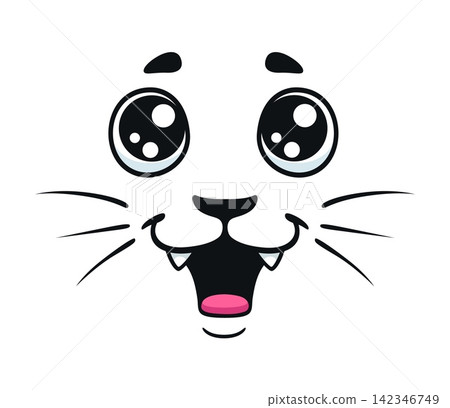 Cartoon cat emoji face showing excited or surprised emotion. Funny animal character with comic round eyes and wide open mouth with two small fangs. Adorable expression icon for social media stickers Cartoon cat emoji face showing excited or surprised emotion. Funny animal character with comic round eyes and wide open mouth with two small fangs. Adorable expression icon for social media stickers 142346749