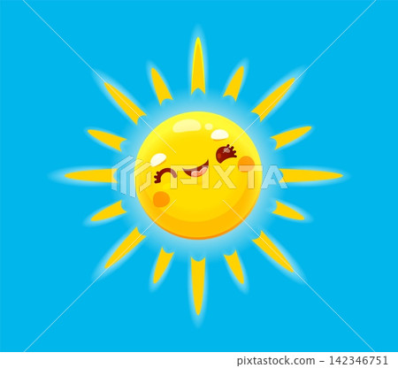 Cartoon cute happy sun mascot character with smile face. Glossy yellow sun with winking eye, rosy cheeks, and glowing rays. Vector personage for kids activity sheets and weather app interfaces Cartoon cute happy sun mascot character with smile face. Glossy yellow sun with winking eye, rosy cheeks, and glowing rays. Vector personage for kids activity sheets and weather app interfaces 142346751