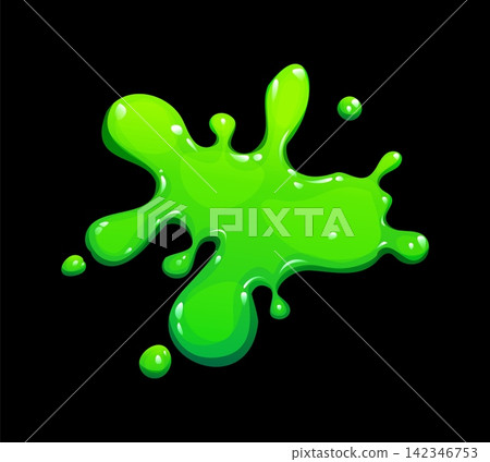 Bright green viscous ooze droplet with dynamic splatter burst. Toxic hazard spill emblem with flowing glossy trails for children book illustrations, arcade interface graphics or youth apparel prints Bright green viscous ooze droplet with dynamic splatter burst. Toxic hazard spill emblem with flowing glossy trails for children book illustrations, arcade interface graphics or youth apparel prints 142346753