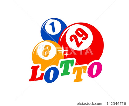 Vibrant lottery emblem featuring glossy numbered bingo balls in red, blue, and orange. Cartoon emblem with sparkling star accents and bold lettering for lottery ticket or gambling app icon 142346756