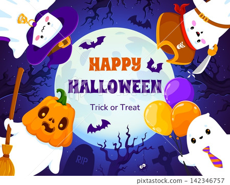 Happy Halloween cute ghost characters. Festive greeting card featuring adorable ghost characters dressed as pirate, wizard, pumpkin in moonlit graveyard. Cute vector personages for party invitation Happy Halloween cute ghost characters. Festive greeting card featuring adorable ghost characters dressed as pirate, wizard, pumpkin in moonlit graveyard. Cute vector personages for party invitation 142346757