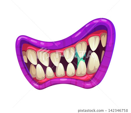 Cartoon monster mouth with sharp white teeth and blue dripping slime saliva. Scary purple evil grin with vampire fangs, red gums, pink lips, and drool for Halloween holiday. Vector demon character Cartoon monster mouth with sharp white teeth and blue dripping slime saliva. Scary purple evil grin with vampire fangs, red gums, pink lips, and drool for Halloween holiday. Vector demon character 142346758