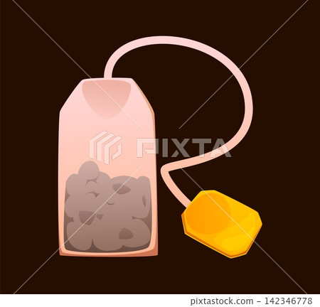 Cartoon breakfast font letter R with tea bag. Playful food typography featuring tea bag filled with dark tea leaves and bright yellow tag. Vibrant alphabet letter R for kitchen wall art prints 142346778