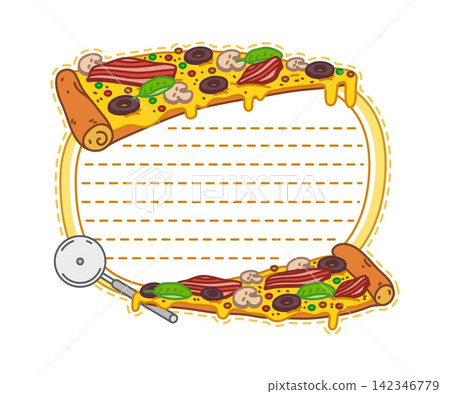 Kids pizza memo note frame template featuring two cartoon pizza slices with melting cheese, bacon, mushrooms, olives and basil. Cartoon frame with blank lined writing area for kids recipe cards Kids pizza memo note frame template featuring two cartoon pizza slices with melting cheese, bacon, mushrooms, olives and basil. Cartoon frame with blank lined writing area for kids recipe cards 142346779