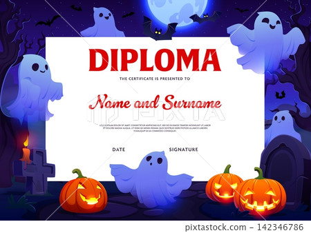 Spooky Halloween vector diploma with eerie and scary flying ghosts, carved pumpkin lanterns between graveyard tombstones. Flying bats and graveyard tombstones under a full moon 142346786