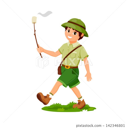Cartoon boy scout walking with marshmallow. Young happy camper in green safari helmet and uniform holding wooden stick with toasted marshmallow for summer camp promotions and outdoor activity Cartoon boy scout walking with marshmallow. Young happy camper in green safari helmet and uniform holding wooden stick with toasted marshmallow for summer camp promotions and outdoor activity 142346801