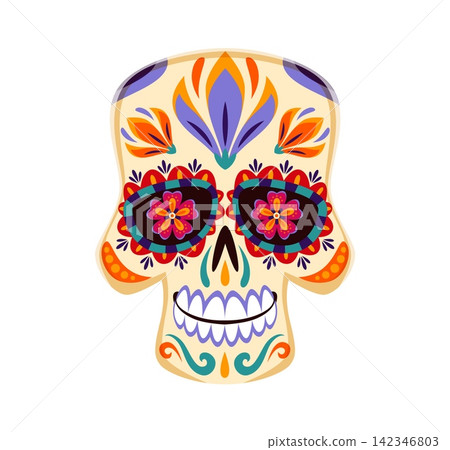 Cartoon Dia de Los Muertos calavera Mexican sugar skull decorated with elegant floral patterns. Authentic Day of the Dead festival character with marigold blossoms for festive greeting cards 142346803