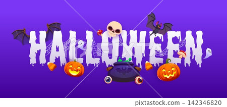 Happy Halloween greeting card featuring spooky glowing jack o lanterns, ghosts, bats, scary treats and witch cauldron. Cartoon vector greeting card with skull and candies for party invitations Happy Halloween greeting card featuring spooky glowing jack o lanterns, ghosts, bats, scary treats and witch cauldron. Cartoon vector greeting card with skull and candies for party invitations 142346820