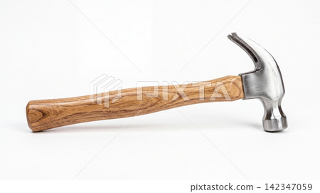 Claw hammer with textured wooden handle resting on white background hardware carpenter carpentry construction building renovation handyman workshop equipment industrial textured polished Claw hammer with textured wooden handle resting on white background hardware carpenter carpentry construction building renovation handyman workshop equipment industrial textured polished 142347059