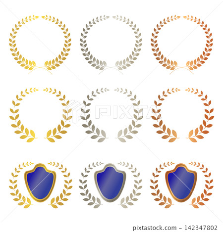 Illustrations of gold, silver, and bronze laurel wreaths with space for text. 142347802