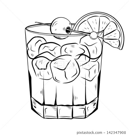 Whiskey Sour Cocktail Illustration with Lemon and Cherry 142347908